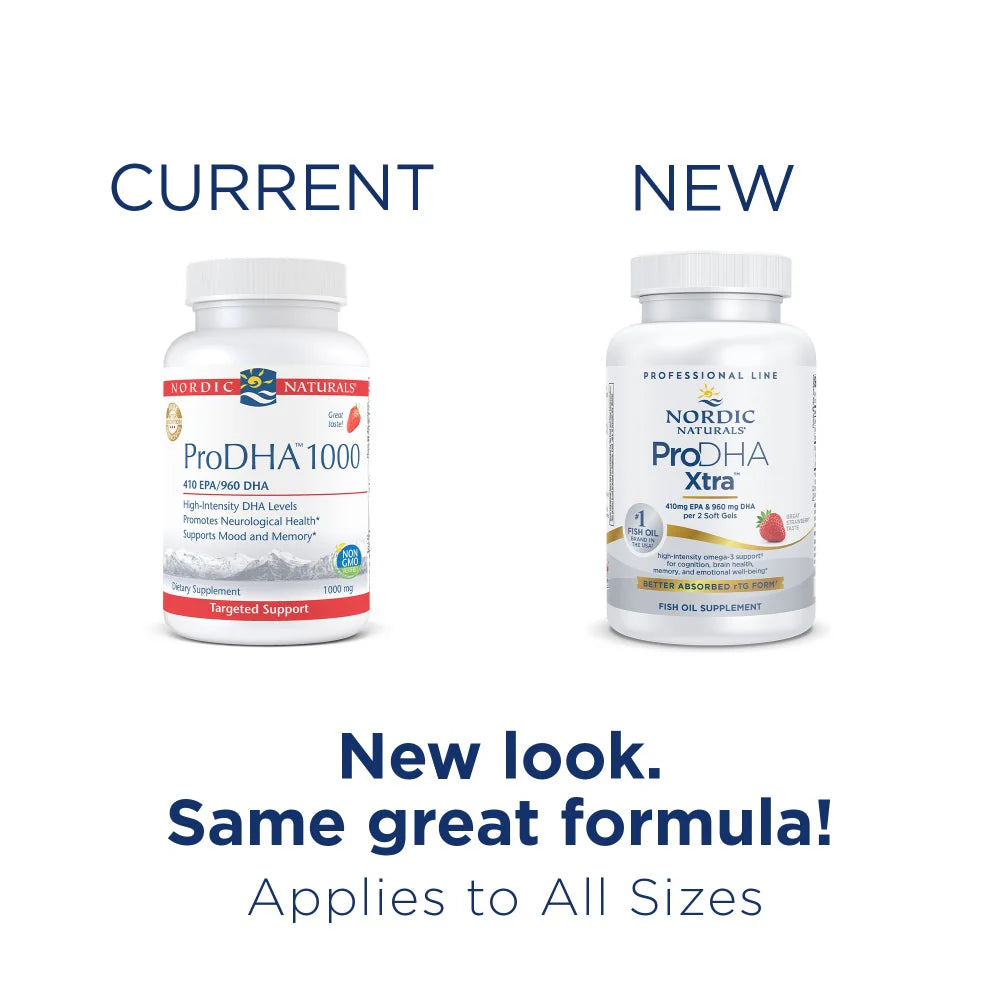 Two bottles of Nordic Naturals ProDHA supplement side by side, showing current and new packaging designs.
