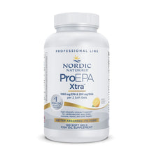 White bottle of Nordic Naturals ProEPA Xtra fish oil supplement containing 120 softgels with lemon flavor labeling.