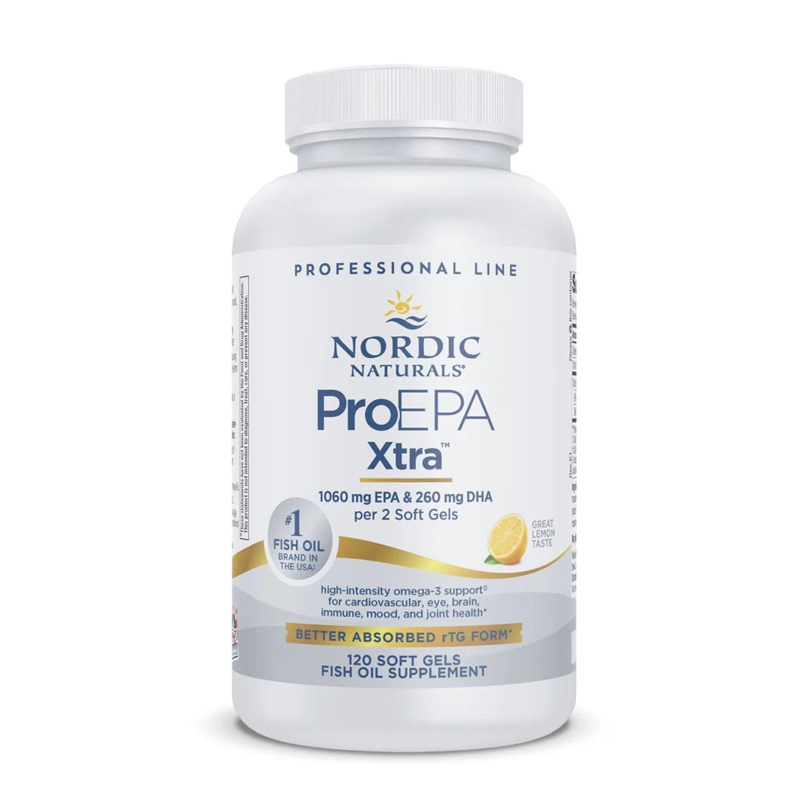 White bottle of Nordic Naturals ProEPA Xtra fish oil supplement containing 120 softgels with lemon flavor labeling.