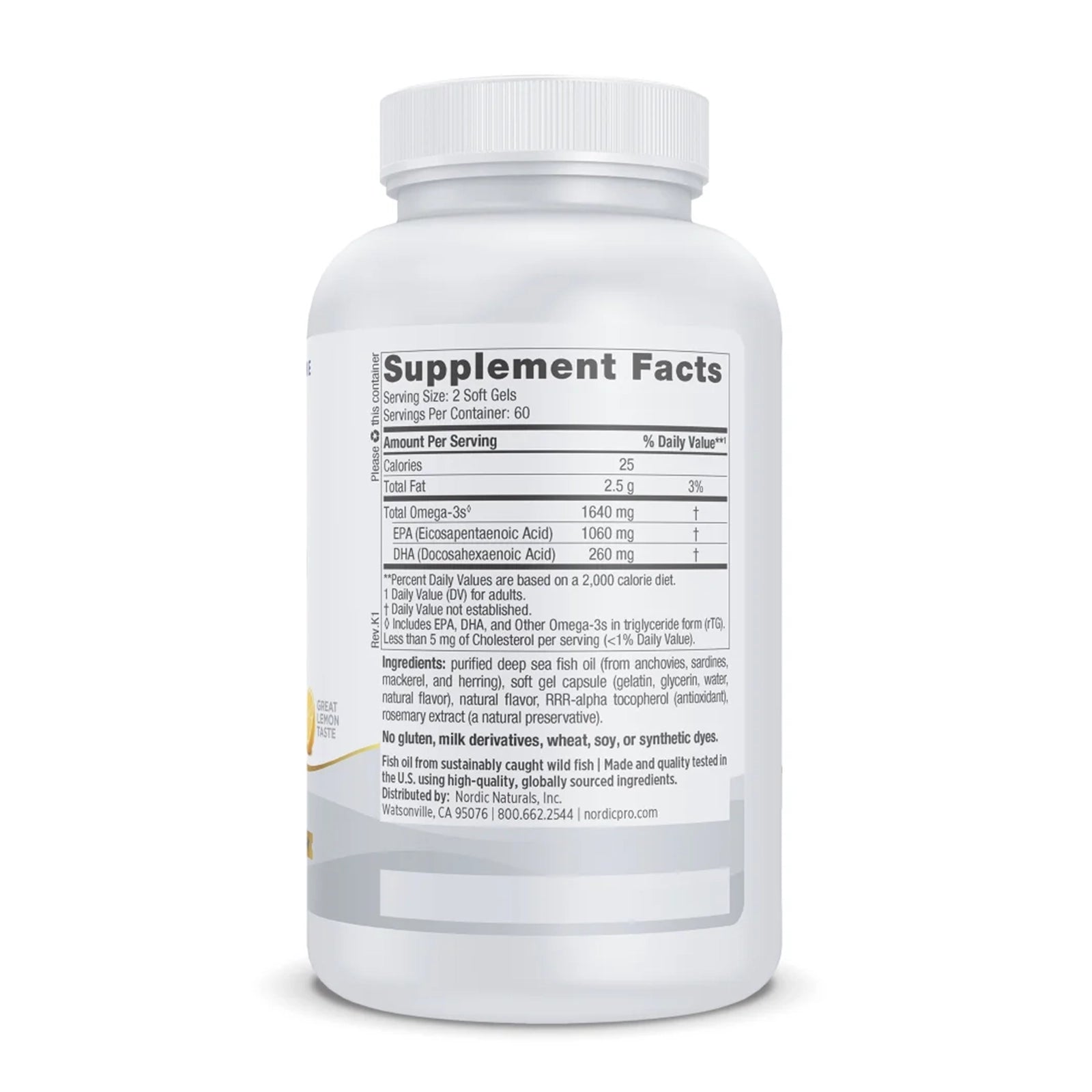 White bottle of Nordic Naturals ProEPA Xtra softgels with white cap and supplement facts label visible.
