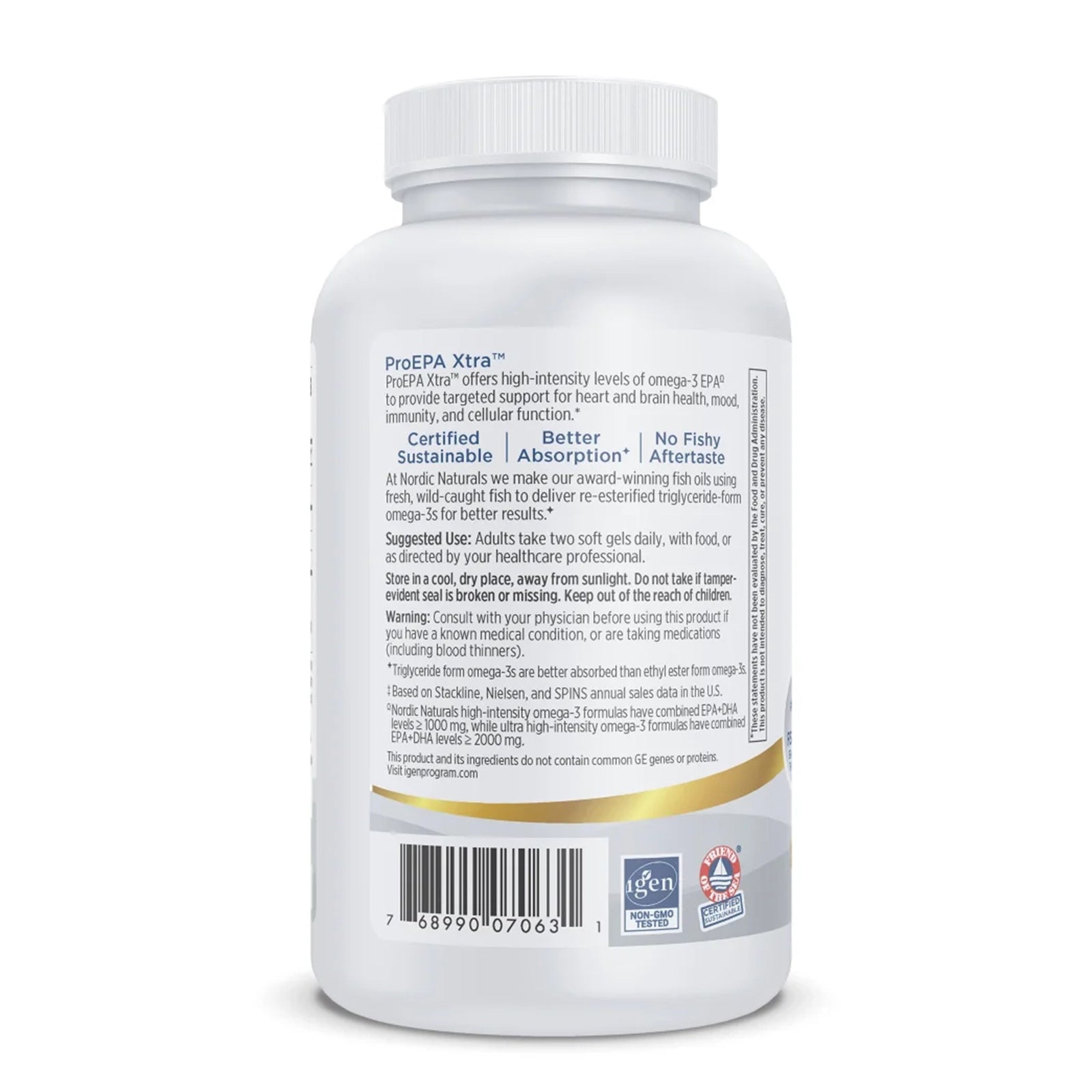 White bottle of ProEPA Xtra softgels by Nordic Naturals with white cap and gold band, containing supplement information and c