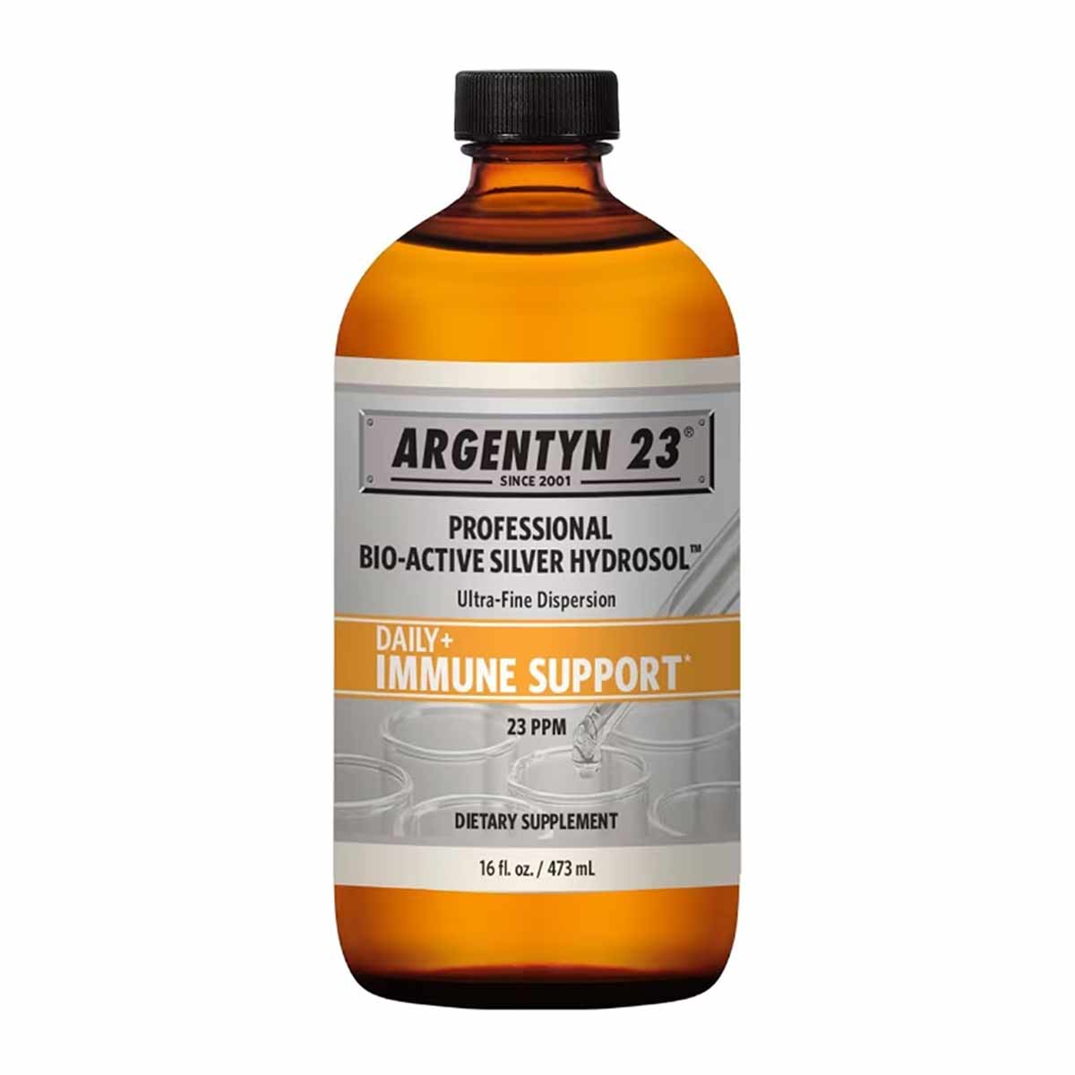 Argentyn 23 Professional Bio-Active Silver Hydrosol bottle, 16 fl oz, amber glass with black cap and product label.