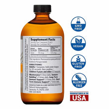 Amber glass bottle with black cap containing silver supplement liquid, label showing supplement facts and usage directions, w