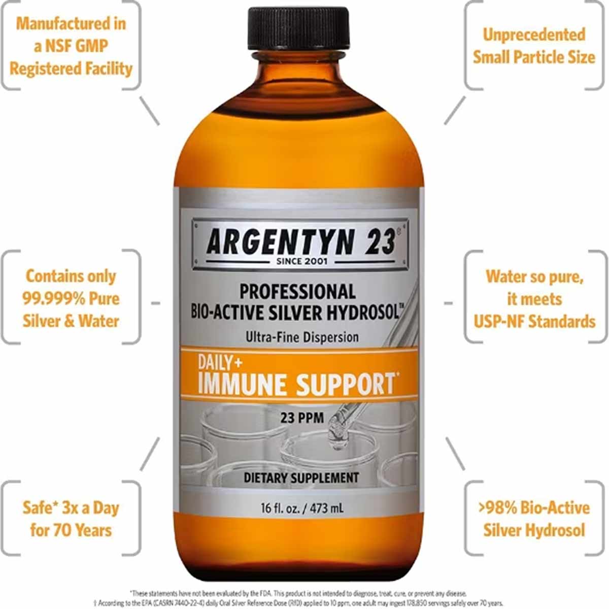 Amber glass bottle of Argentyn 23 Professional Bio-Active Silver Hydrosol dietary supplement, 16 fl oz, with black cap and pr