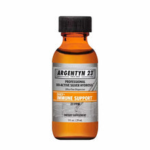 Amber glass bottle of Argentyn 23 Professional Bio-Active Silver Hydrosol dietary supplement, 1 fl oz, with black cap and pro