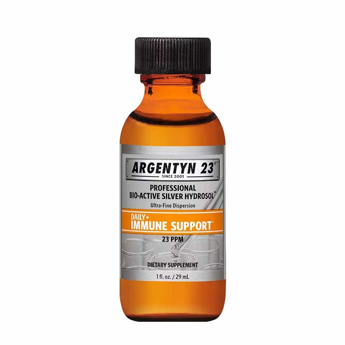 Amber glass bottle of Argentyn 23 Professional Bio-Active Silver Hydrosol dietary supplement, 1 fl oz, with black cap and pro
