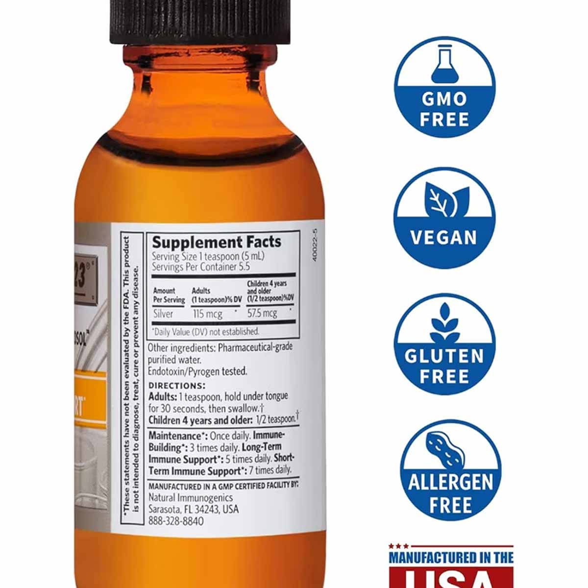 Amber glass bottle with black cap containing silver liquid supplement, labeled with supplement facts and usage directions, ac