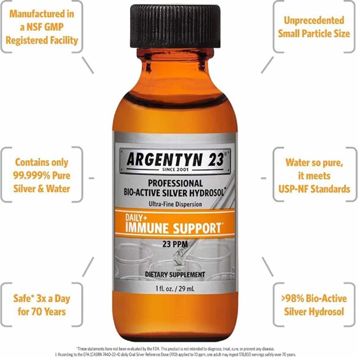 Amber glass bottle with black cap containing 1 fl oz of silver hydrosol dietary supplement labeled Argentyn 23 Professional B