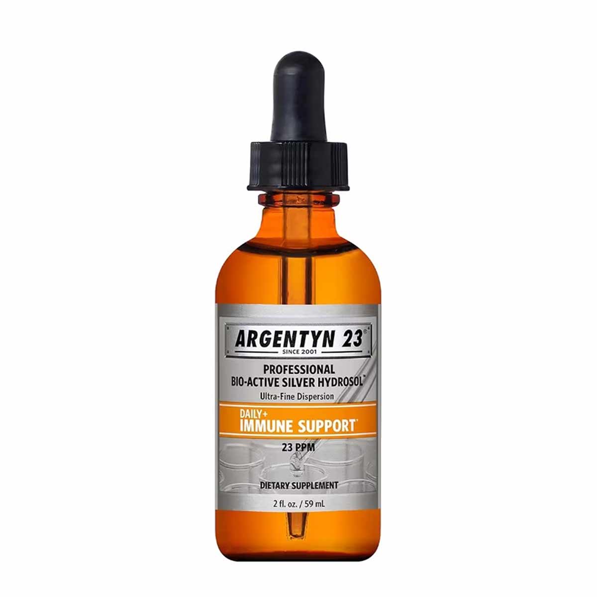 Argentyn 23 amber glass bottle with black dropper cap containing bio-active silver hydrosol liquid.