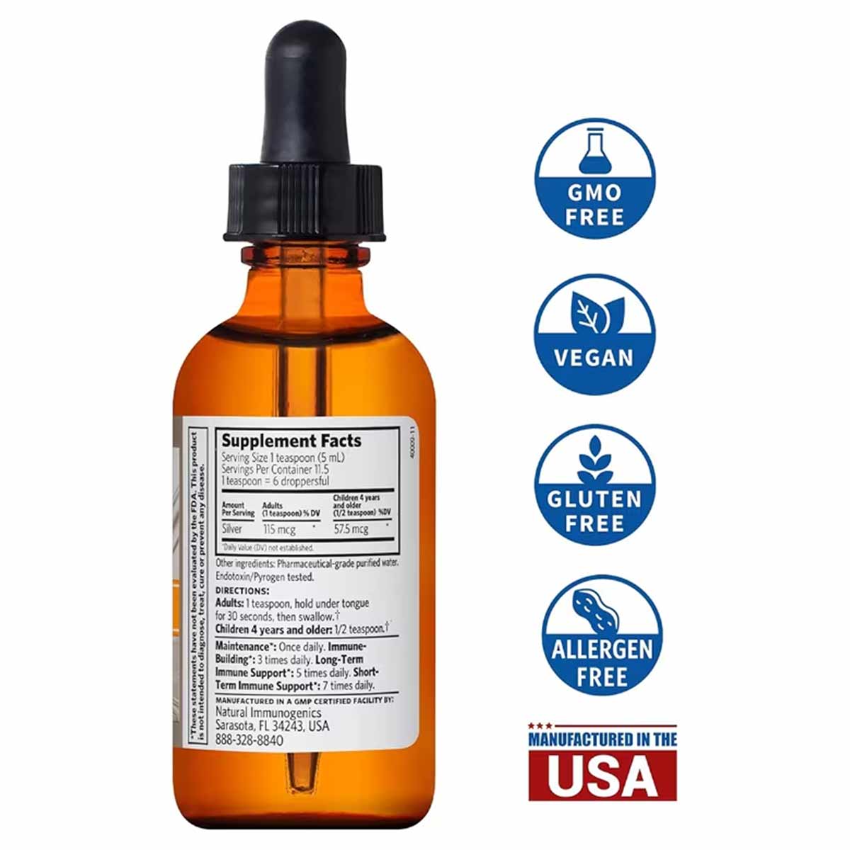 Amber glass dropper bottle with black cap containing silver supplement liquid, with supplement facts label and certification 