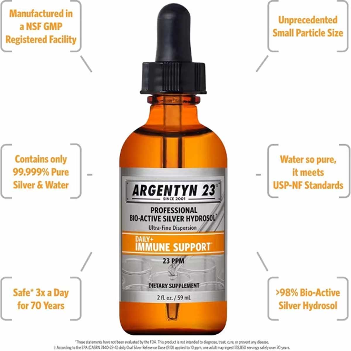 Argentyn 23 Professional Bio-Active Silver Hydrosol 23 PPM liquid supplement in amber glass bottle with black dropper cap.