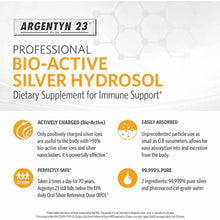 Argentyn 23 Professional Bio-Active Silver Hydrosol package with product claims and icons describing active ingredients and p