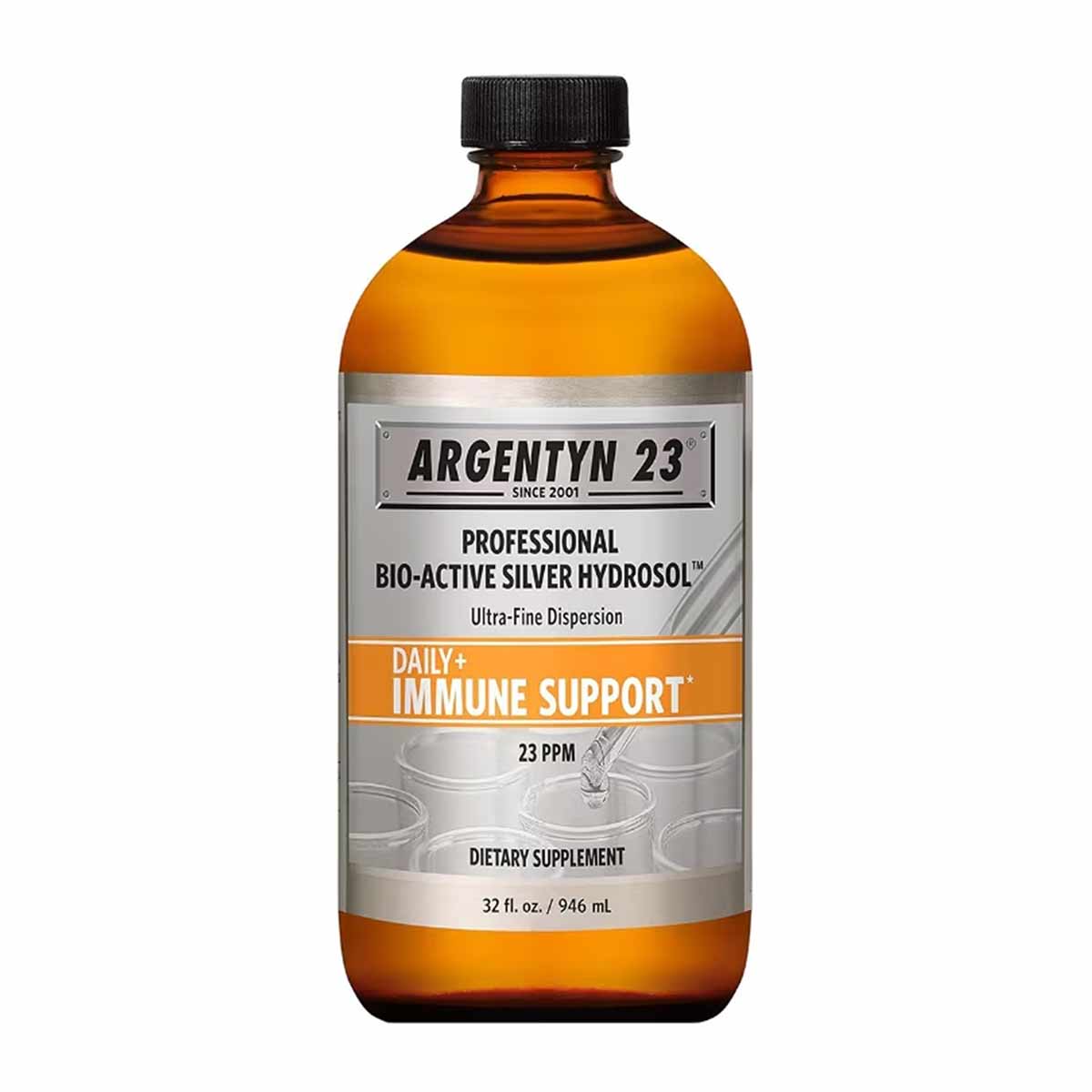 Amber glass bottle of Argentyn 23 Professional Bio-Active Silver Hydrosol with black cap and silver label, 32 fl oz.
