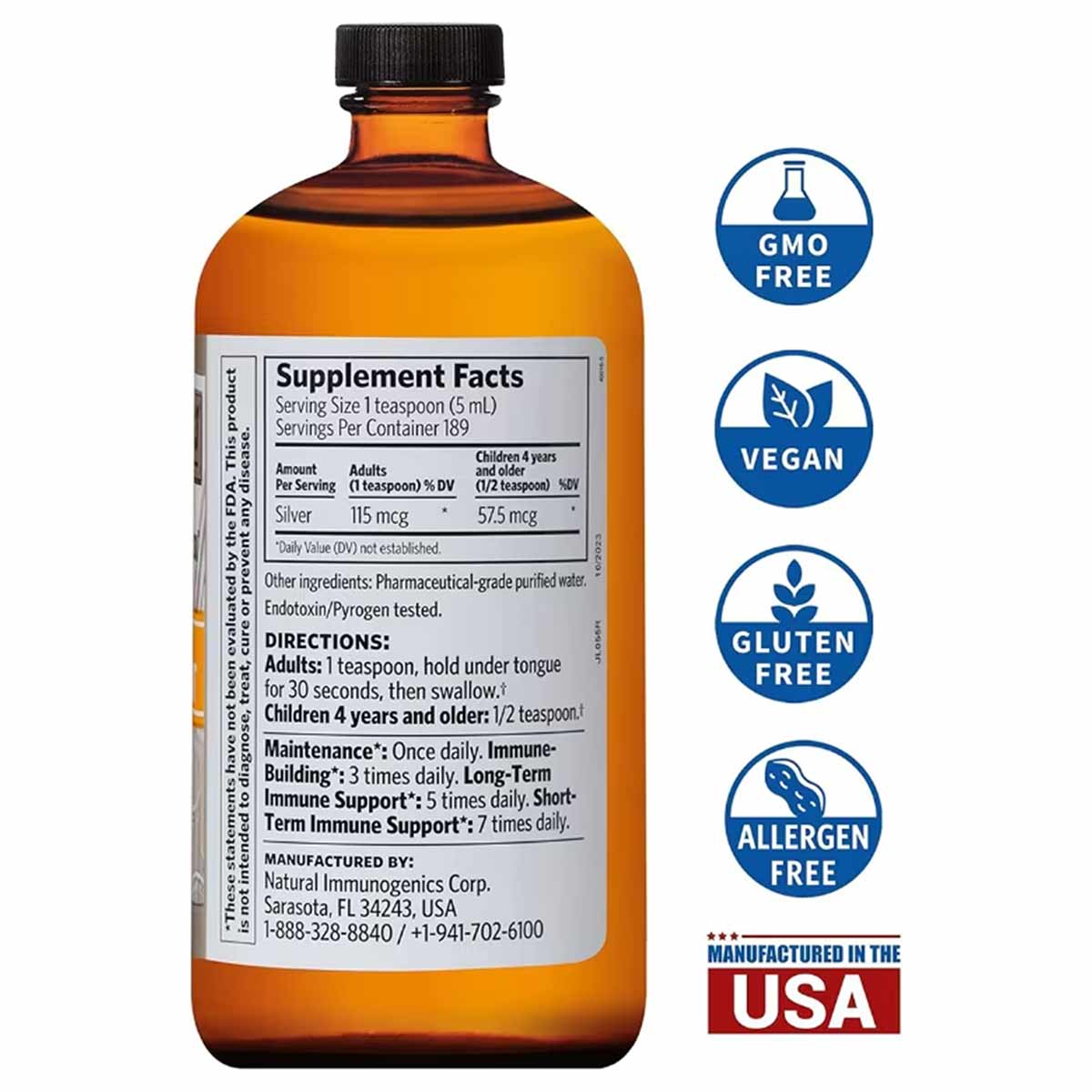 Amber glass bottle of Argentyn 23 bio-active silver liquid supplement with black cap and product label showing supplement fac