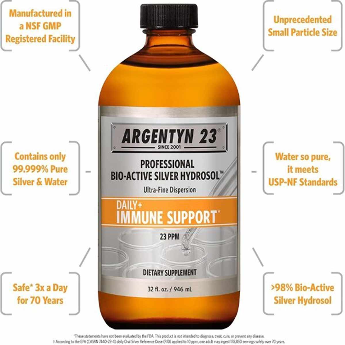 Amber glass bottle of Argentyn 23 Professional Bio-Active Silver Hydrosol with black cap, 32 fl oz, labeled for daily immune 