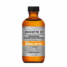 Amber glass bottle of Argentyn 23 Professional Bio-Active Silver Hydrosol with black cap, 4 fl oz.