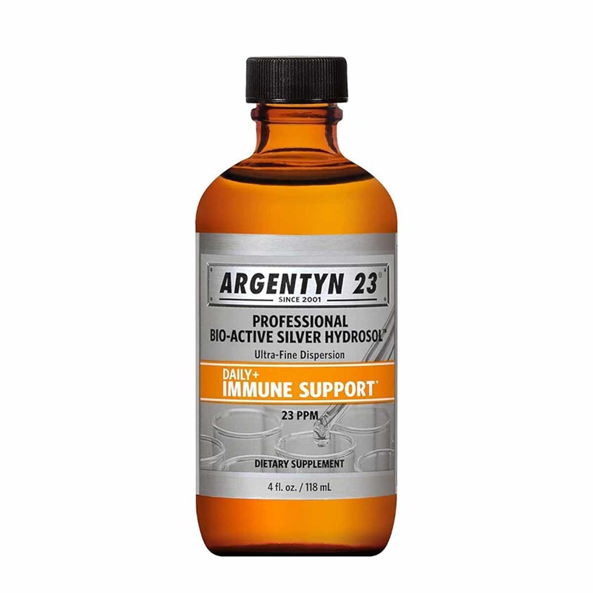 Amber glass bottle of Argentyn 23 Professional Bio-Active Silver Hydrosol with black cap, 4 fl oz.