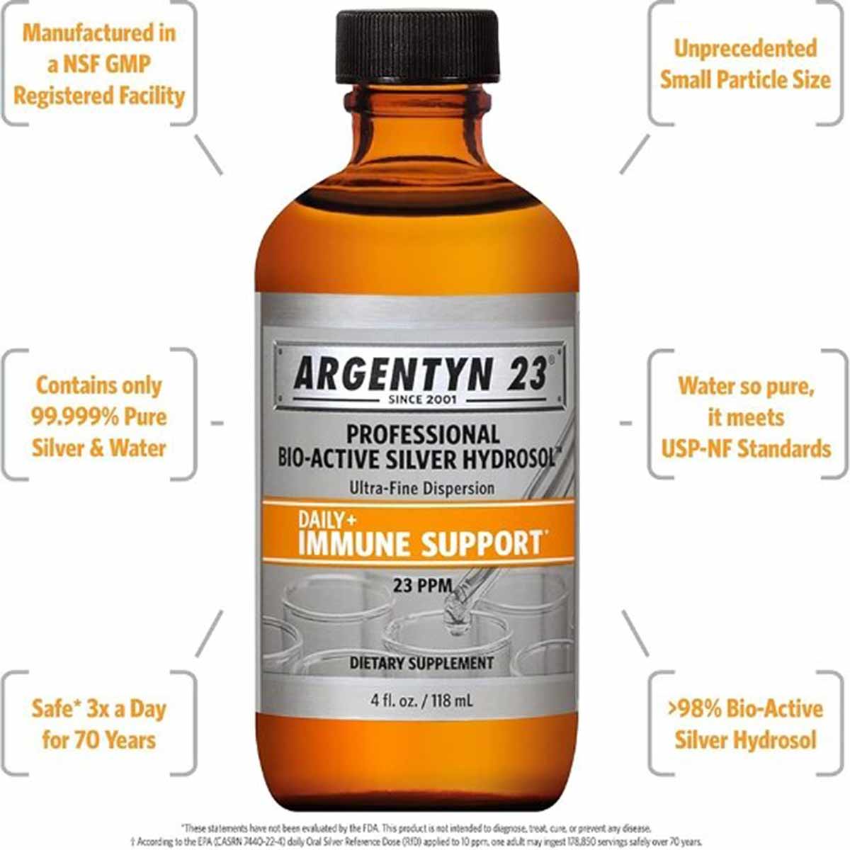 Amber glass bottle of Argentyn 23 Professional Bio-Active Silver Hydrosol, 4 fl oz, with black cap and product label.