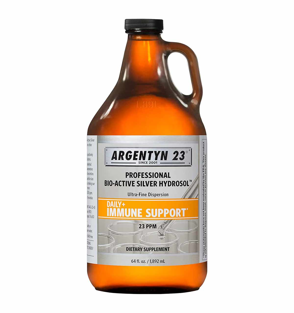Amber glass bottle with black cap containing Argentyn 23 Professional Bio-Active Silver Hydrosol, 64 fl oz, labeled "Daily Im