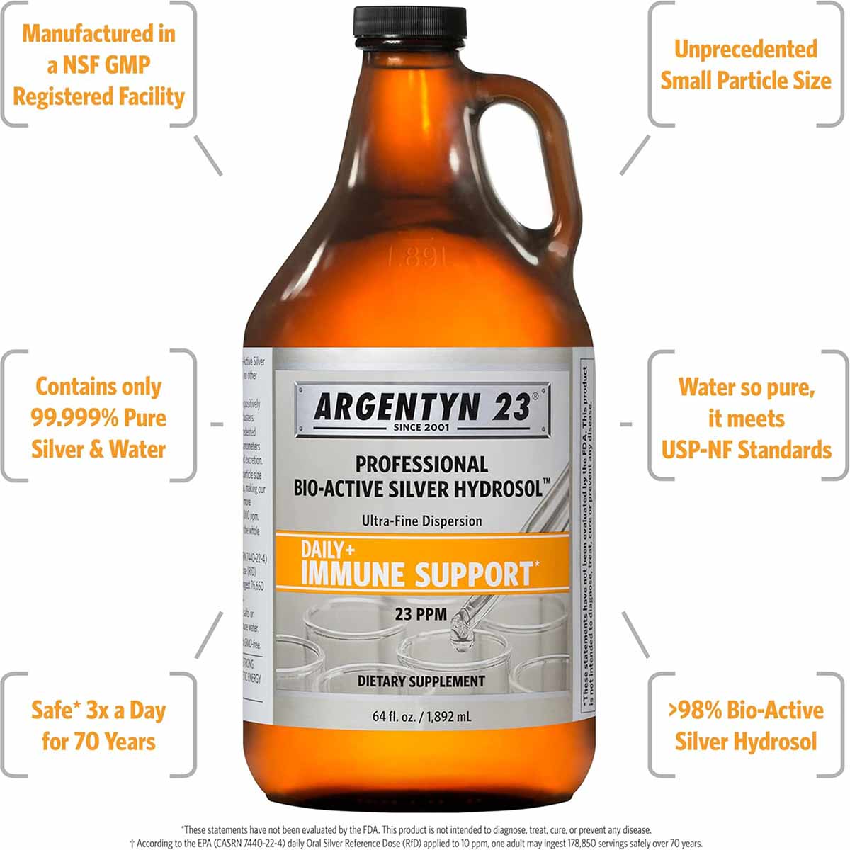 Argentyn 23 Professional Bio-Active Silver Hydrosol in a 64 fl oz amber glass bottle with black cap.