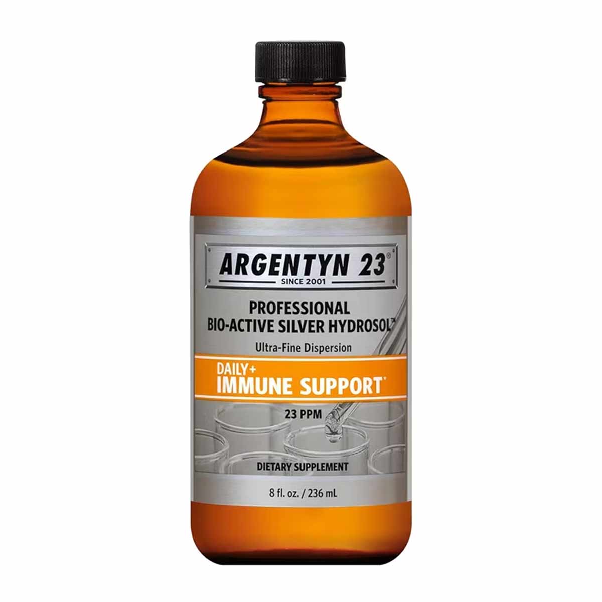 Argentyn 23 Professional Bio-Active Silver Hydrosol liquid supplement in amber glass bottle with black cap, 8 fl oz.