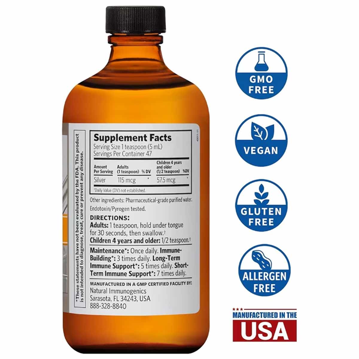 Amber glass bottle of bio-active silver supplement with black cap and white label showing supplement facts and usage directio