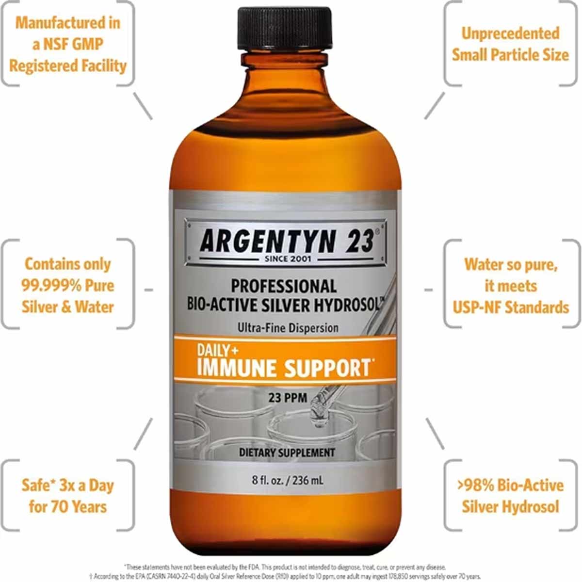 Amber glass bottle of Argentyn 23 Professional Bio-Active Silver Hydrosol, 8 fl oz, with black cap and product labeling.