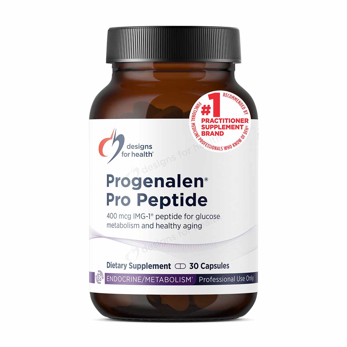 Brown glass bottle of Progenalen Pro Peptide dietary supplement by Designs for Health, 30 capsules, with black screw cap.