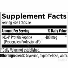 Supplement Facts label showing serving size of 1 capsule containing 400 mcg IMG-1 Protein Peptide.