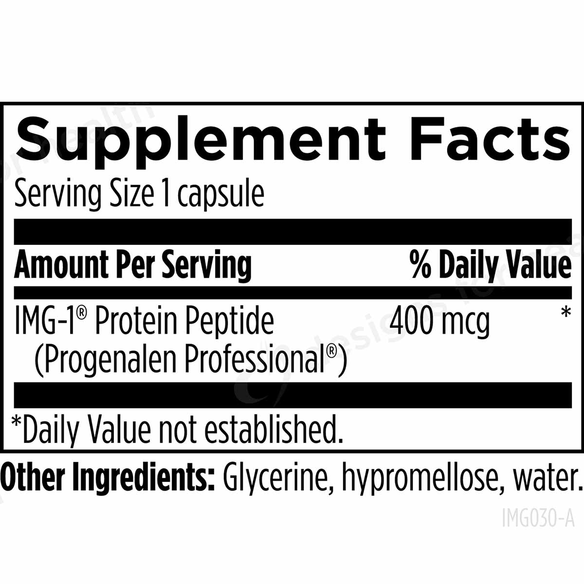Supplement Facts label showing serving size of 1 capsule containing 400 mcg IMG-1 Protein Peptide.