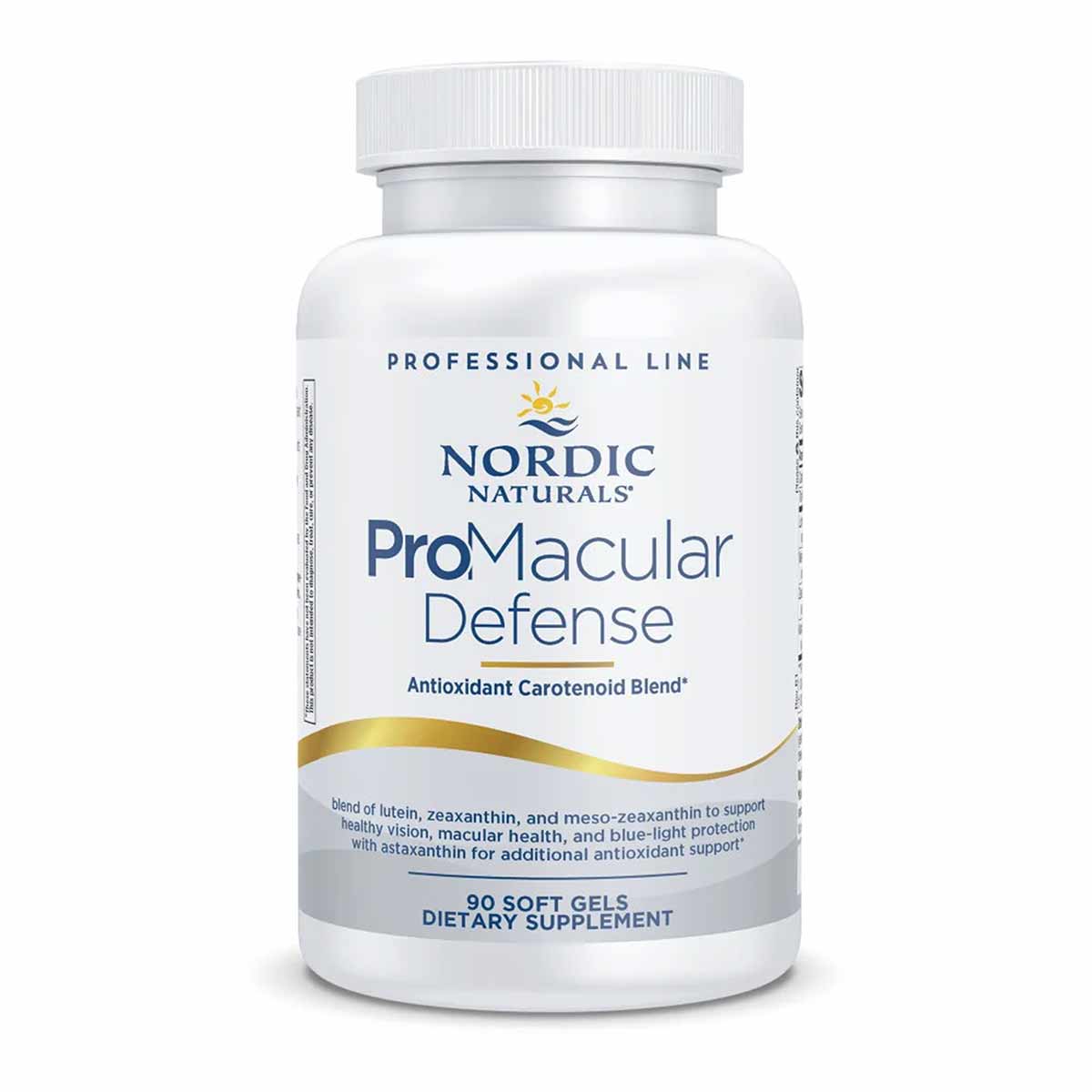 White bottle of Nordic Naturals ProMacular Defense dietary supplement with white cap, 90 soft gels.