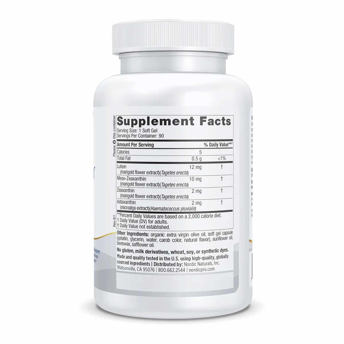 White supplement bottle with white cap and label showing Supplement Facts for ProMacular Defense by Nordic Naturals.
