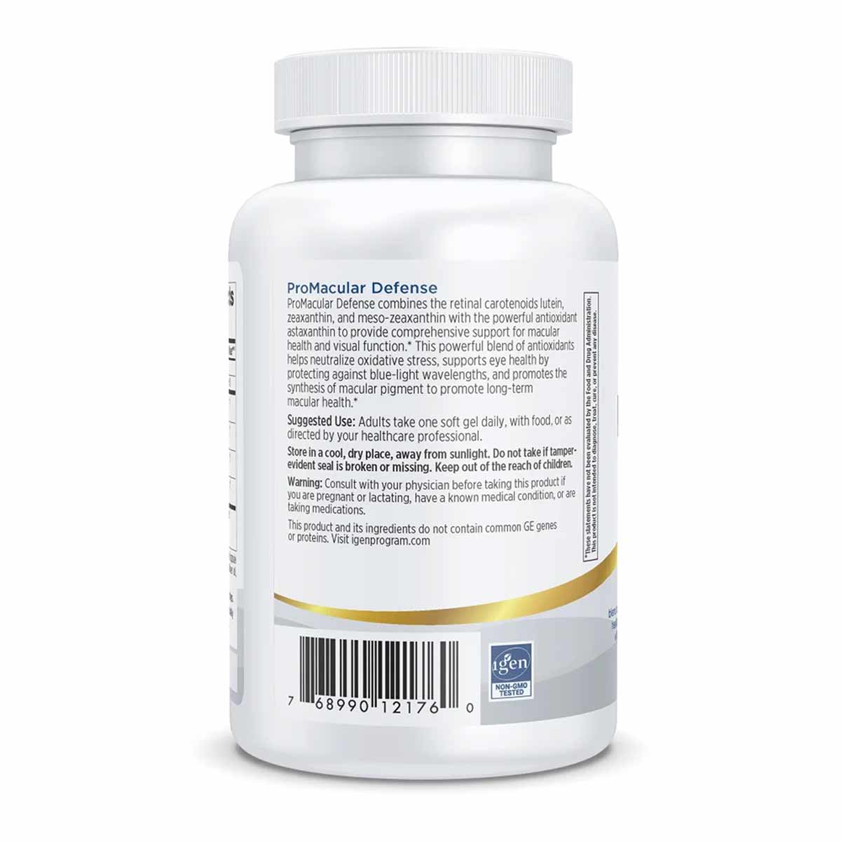 White supplement bottle with white cap labeled "ProMacular Defense" by Nordic Naturals with product information and gold acce
