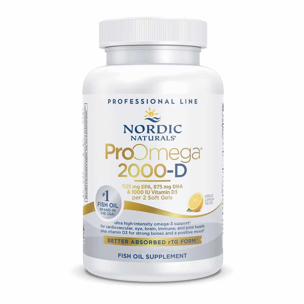 Nordic Naturals ProOmega 2000-D fish oil supplement bottle with white cap and lemon-flavored soft gels.