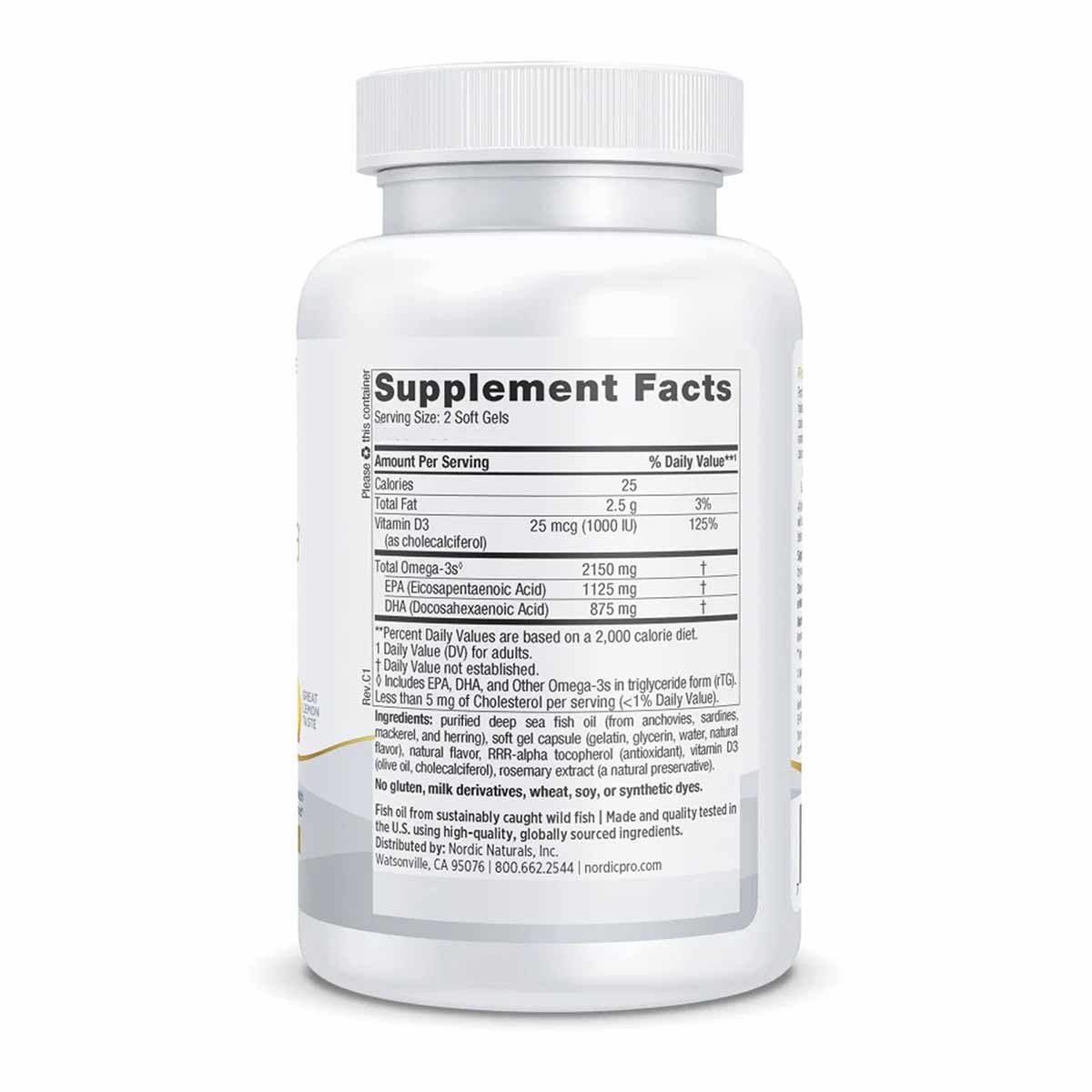 White supplement bottle with white cap displaying Supplement Facts label showing omega-3 and vitamin D3 information.