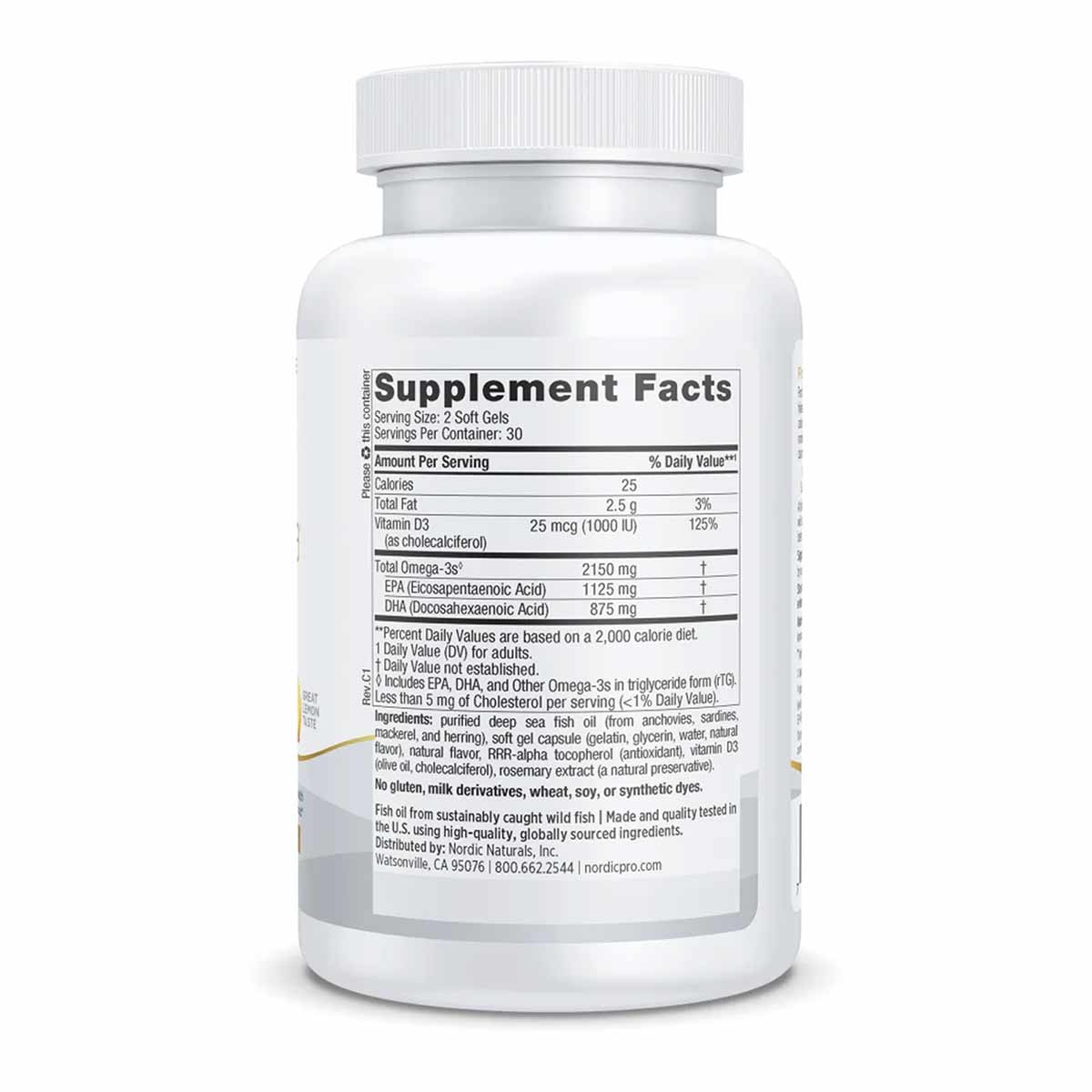 White bottle of ProOmega 2000-D softgels with white cap and Supplement Facts label visible.
