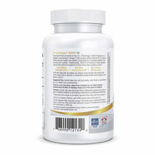 White bottle of ProOmega 2000-D supplement with white cap, product information label, and barcode on front.