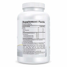 White supplement bottle with white screw cap, displaying Supplement Facts label with omega-3 and CoQ10 ingredients.