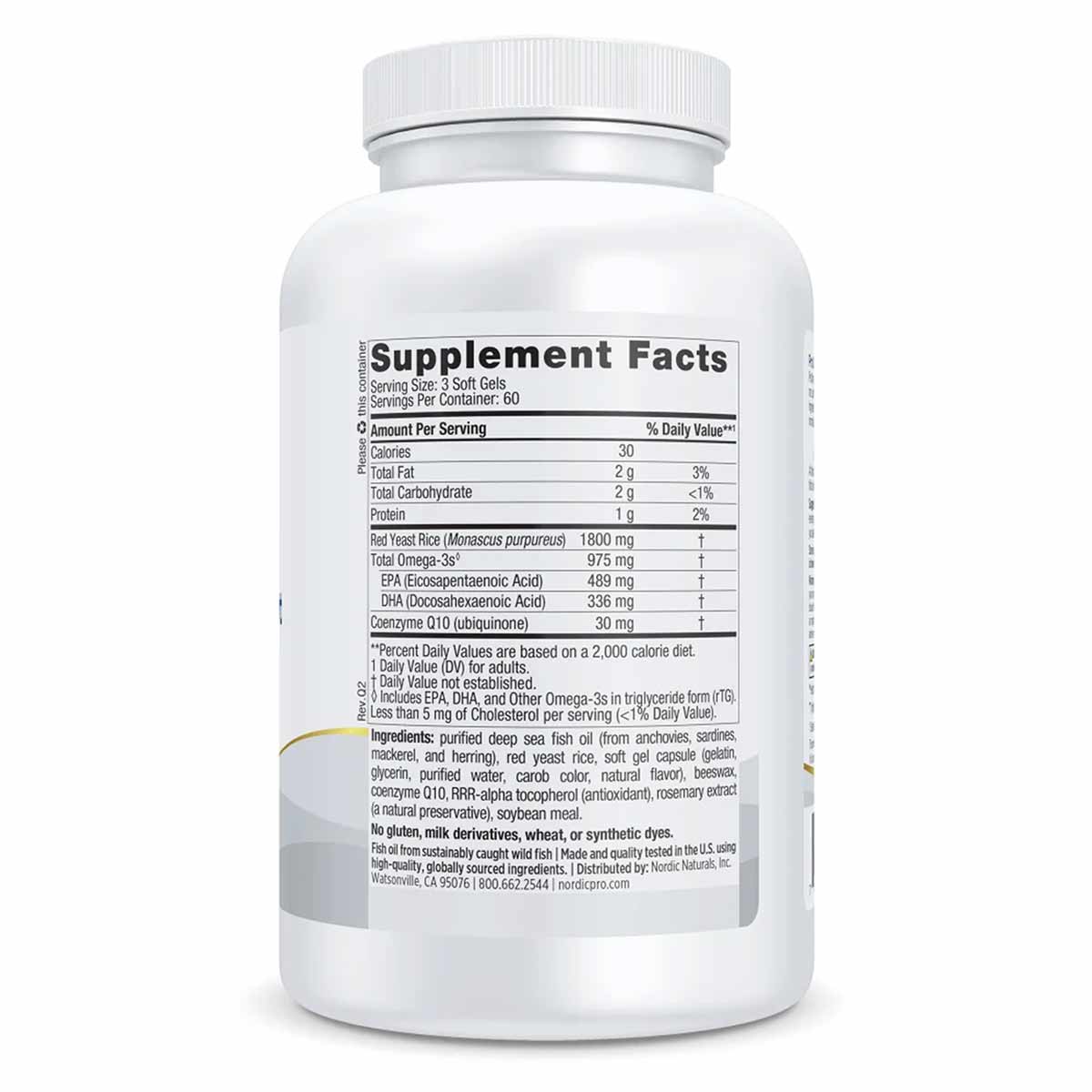 White supplement bottle with white screw cap, displaying Supplement Facts label with omega-3 and CoQ10 ingredients.