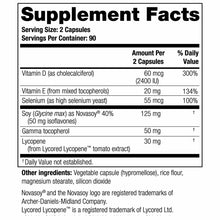 Supplement Facts label for Prostate 2.4 showing serving size of 2 capsules with vitamins D, E, selenium, soy, gamma tocophero