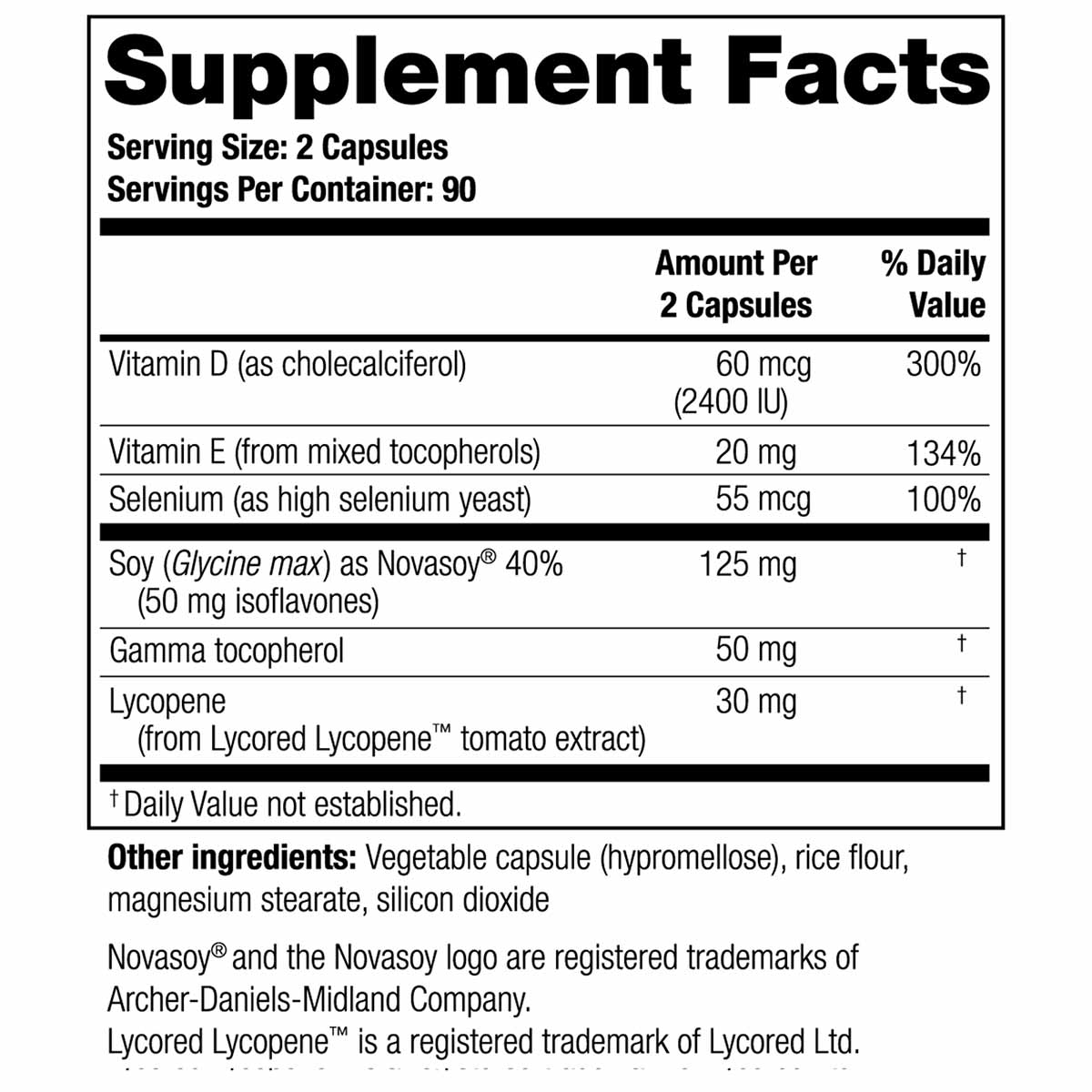Supplement Facts label for Prostate 2.4 showing serving size of 2 capsules with vitamins D, E, selenium, soy, gamma tocophero