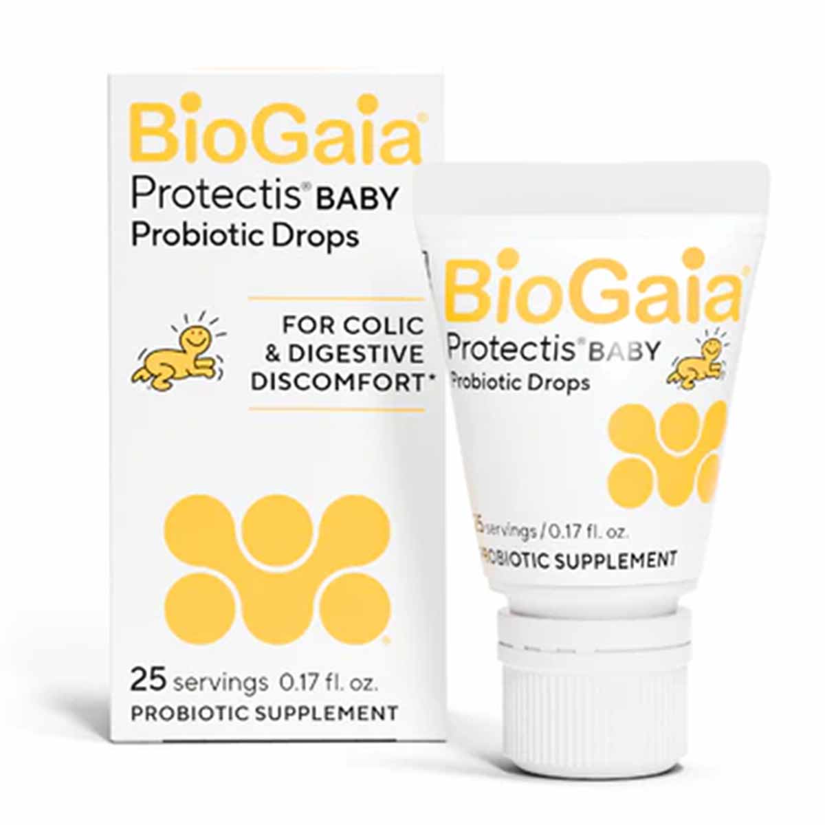 BioGaia Protectis Baby Probiotic Drops box and tube with yellow branding and white cap.