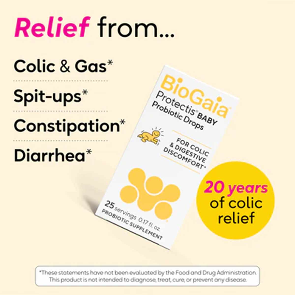 BioGaia Protectis Baby Probiotic Drops bottle with yellow liquid droplets and product information on beige background.