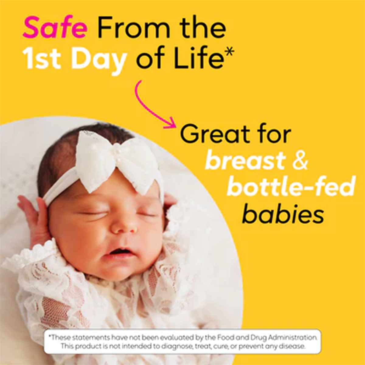 Newborn baby wearing white headband and lace clothing on yellow background with product messaging text.
