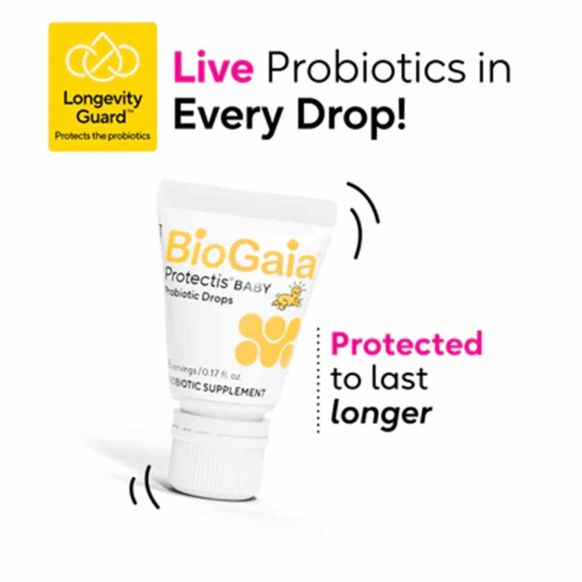 BioGaia Protectis Baby Probiotic Drops tube with white cap and yellow branding on white background.