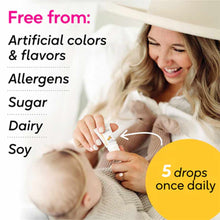 White bottle of Protectis Baby Probiotics Drops with dropper, held by adult over infant, showing product claims and dosage in