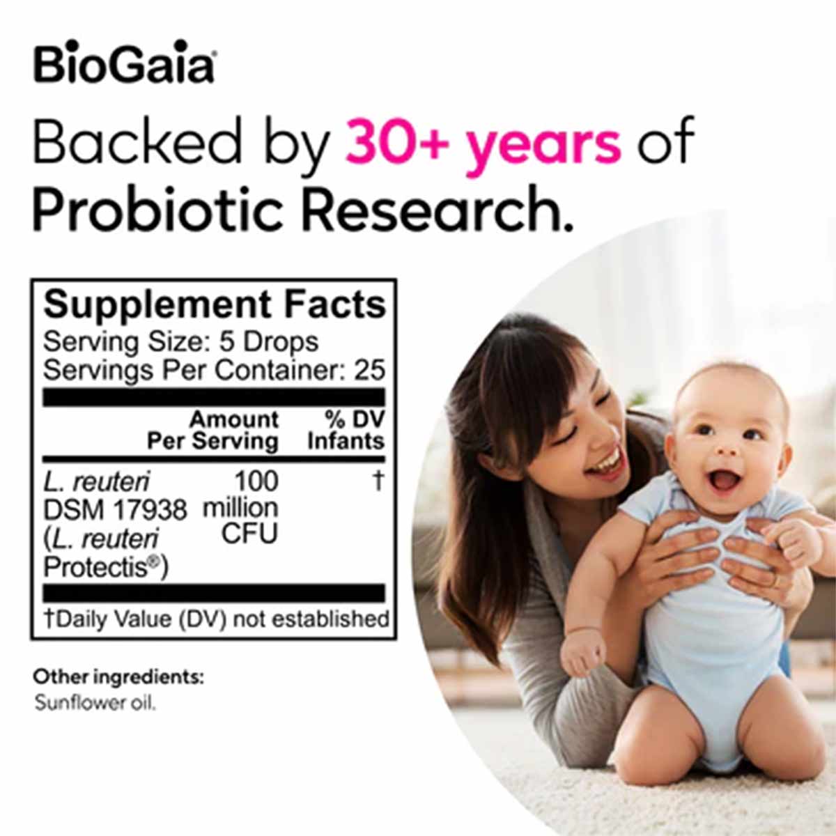 BioGaia Protectis Baby Probiotics Drops supplement facts label with an adult holding a smiling infant.