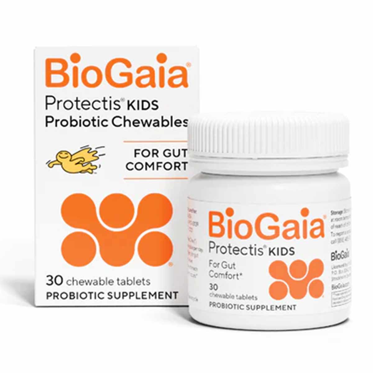 BioGaia Protectis Kids Probiotic Chewables box and bottle with 30 chewable tablets.