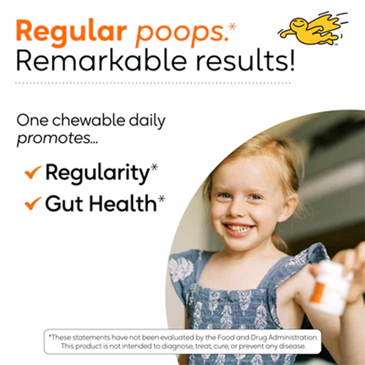 Small child holding white and orange chewable tablet with text describing probiotic benefits for digestive health.