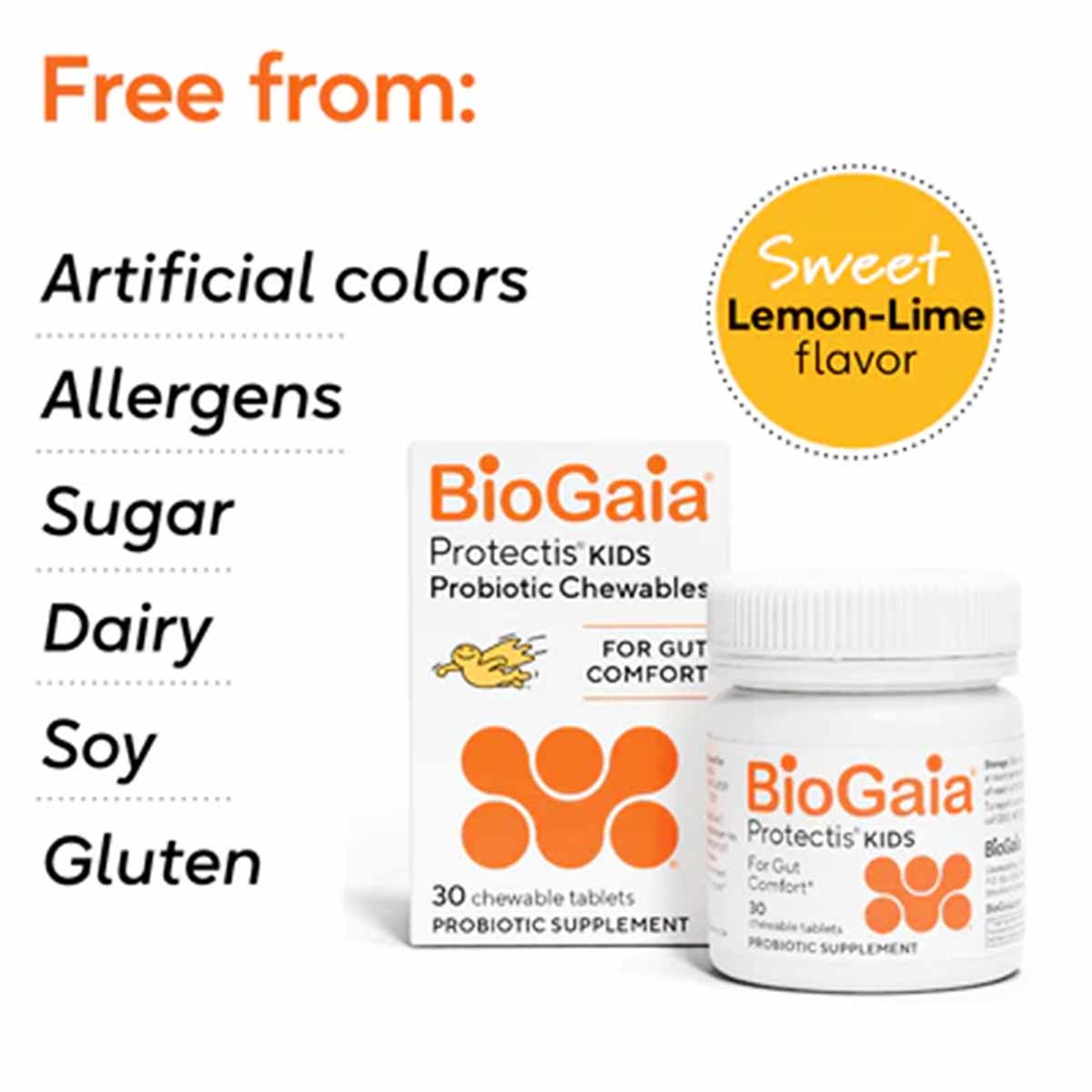 BioGaia Protectis Kids Probiotic Chewables bottle and box with lemon-lime flavor label and "free from" claims displayed.